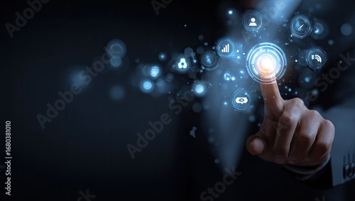 Person interacts with digital interface showing various data icons