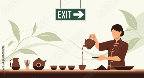 Tea Ceremony Illustration: Serene Pouring Ritual Under Exit Sign For Tranquility