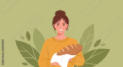Smiling Woman Holding Freshly Baked Bread In Front Of Green Foliage Background