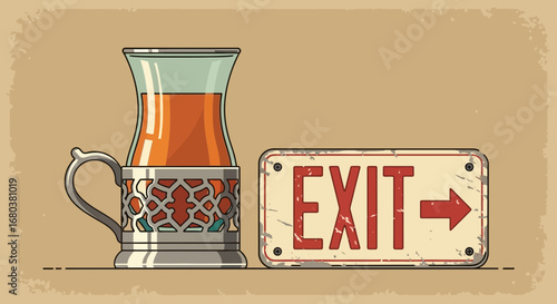 Tea Ceremony Exit Sign, Artwork Illustrating a Concept of Travel and Beverage