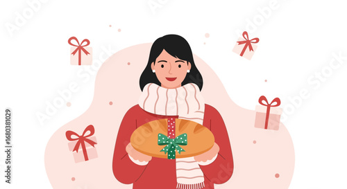 Smiling Woman Holding Gifted Bread Amidst Festive Presents and Decorative Elements