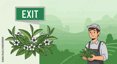 Tea Farmer Holding Freshly Picked Leaves With Exit Sign Signaling Departure