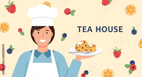 Tea House Delights: Confectioner Presenting Freshly Baked Goods in Cheerful Illustration