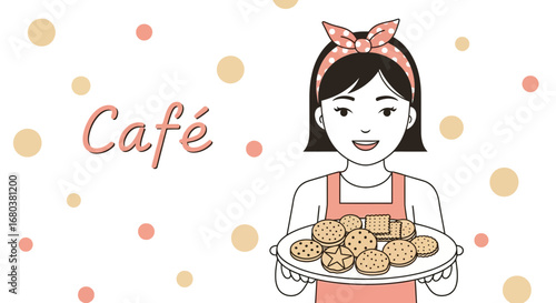 Smiling Woman Offering Plate Of Cookies In Cafe, Cute Artistic Illustration