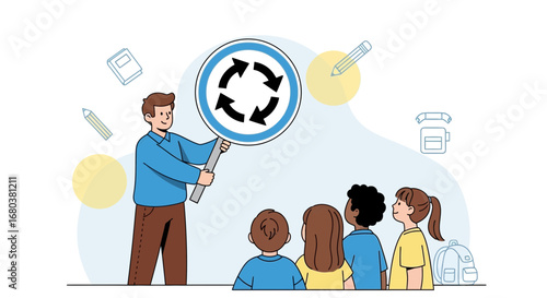 Teacher Explaining Cyclical Concepts to Pupils Using a Circular Arrow Sign in Class