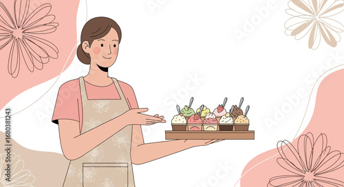 Smiling Woman Offers Dessert, a Sweet Visual Delight with Delightful Ice Cream Cups