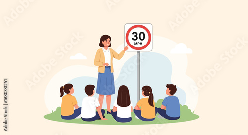 Teacher Explains Speed Limit to Students in Educational Road Safety Lesson