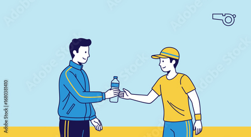 Teammates Exchange Bottle Of Water In Sporty Environment And Maintaining Fluid Balance