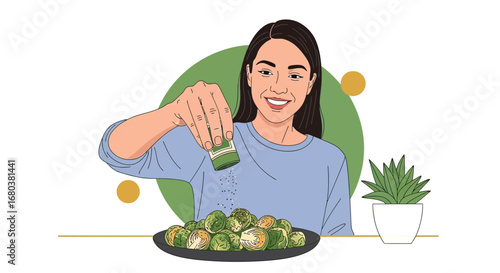 Smiling Woman Seasoning Brussels Sprouts Dish With Herbs and Enjoying Healthy Vegetarian Cooking