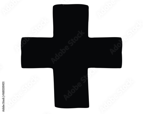 Abstract black cross with rough edges, geometric plus symbol design element