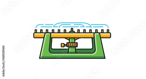 Green lawn sprinkler with water jets spraying evenly, depicting irrigation tool icon or symbol for yard care equipment illustration