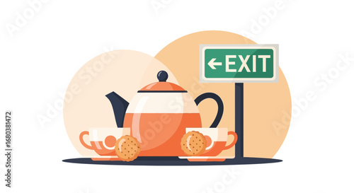 Teatime Escape: Teapot, Cups, and Cookies with an Exit Sign in Illustration Form