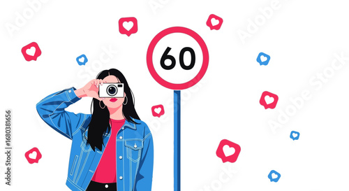 Snapshot Composition Featuring A Stylish Woman With A Speed Limit Sign And Social Media
