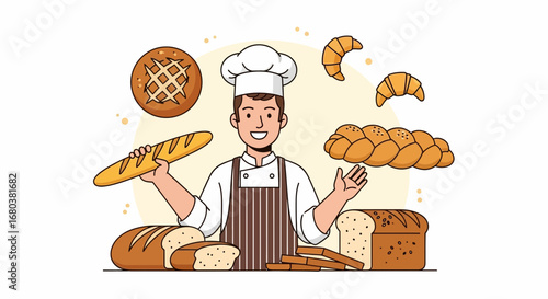 The Baker Demonstrates Fresh Baked Goods Presentation Of Baguette And Croissants
