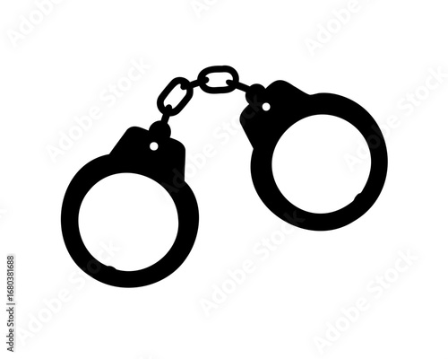 Black and white silhouette illustration of metal handcuffs on a white background