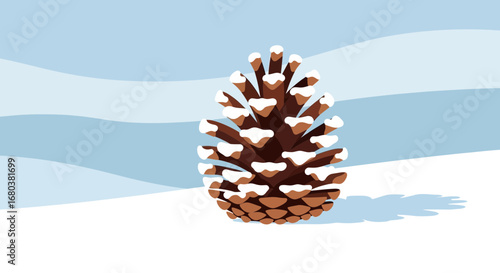Snowy Pine Cone Illustration Amid Serene Winter Scenery for Seasonal Themes