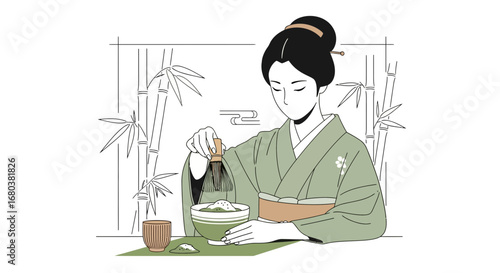 Sophisticated Japanese Tea Ceremony Illustrated, Featuring a Woman Preparing Matcha with Bamboo