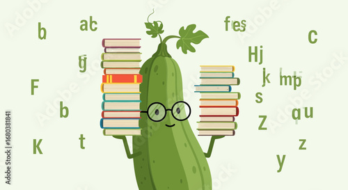The Bookworm's Educational Journey: Zucchini Mascot With Stacks of Books Surrounded by Letters