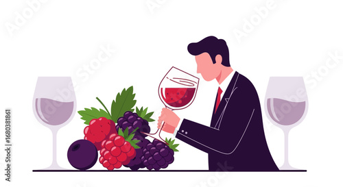 Sophisticated Sommelier Evaluating Red Wine Aroma And Flavor With Fresh Berries Alongside