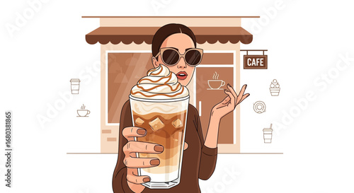 Sophisticated Woman and Iced Coffee Delightfully Posing Near Boutique Cafe Entrance
