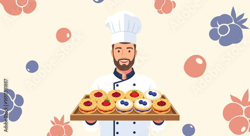The Cheerful Baker Presenting Delightful Berry-Topped Desserts on Wooden Tray