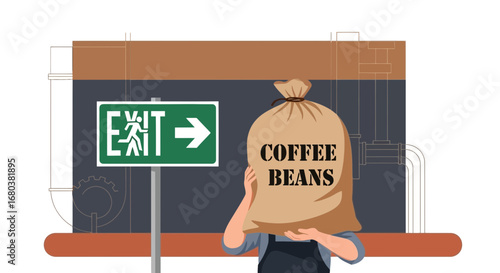 The Coffee Bean Factory Exit Sign Showing A Path With A Large Bag Of Coffee