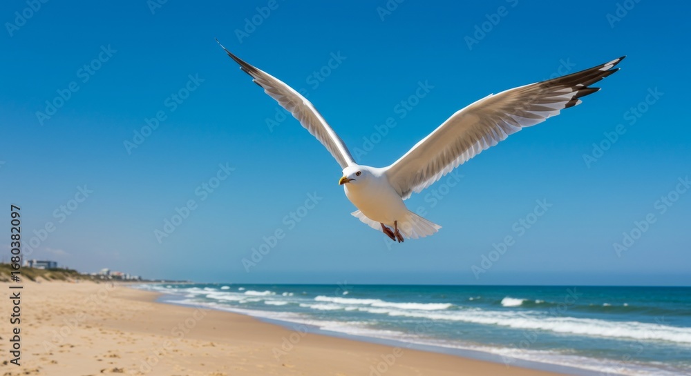 Naklejka premium Majestic seagull soars gracefully above a scenic ocean beach landscape