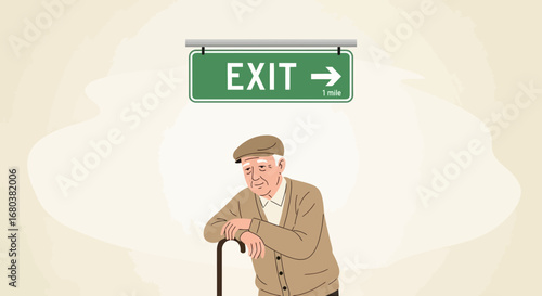 The Elderly Man Near Exit Sign With a Walking Stick Symbolizes Later Life