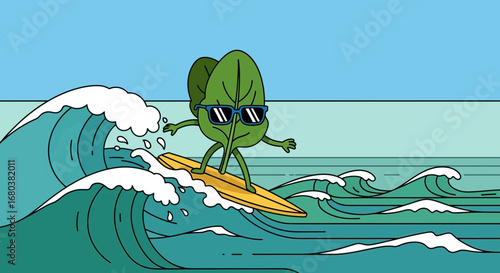 Spinach Enjoys Surfing On Waves While Wearing Sunglasses Under a Sunny Sky