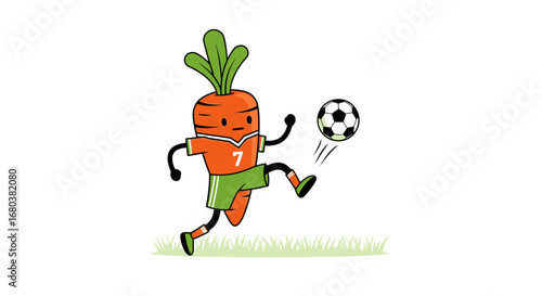 Sporting Carrot Kicks Soccer Ball with Style in Playful Cartoon Illustration