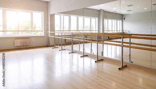 Bright dance studio with wooden floor ballet barres and large mirror
