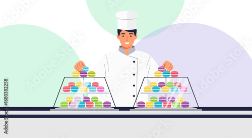 The Smiling Chef Showcasing A Delicious Array of Colorful French Macarons