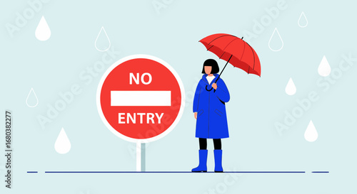 Standing In The Rain, Facing A Forbidden Sign While Using An Umbrella for Protection
