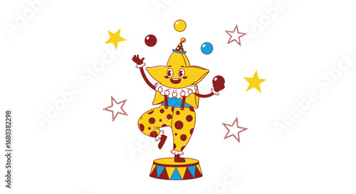 Star Clowning On Stage, Juggling Balls and Performing in a Bright Cartoon