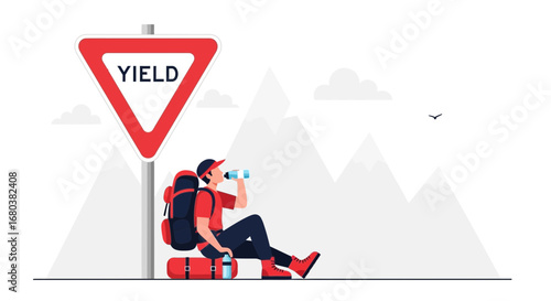 Thirsty Hiker Resting Beneath a Yield Sign on Mountain Trail, Taking Break