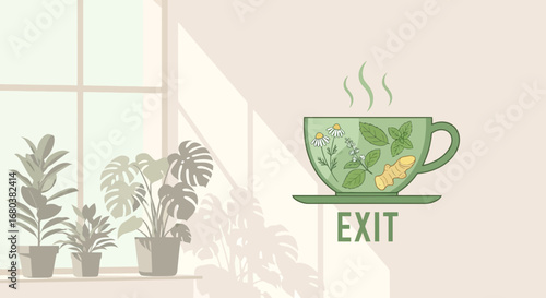 Steaming Cup Of Herbal Tea Next To Potted Plants And Bright Sunshine Through The Window