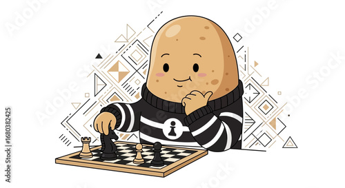 Strategic Potato Thinking Over Chessboard With Geometric Design