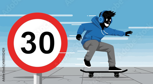 Thirty Speed Limit And Skateboarding Enthusiast: Fast Movement And Urban Youth