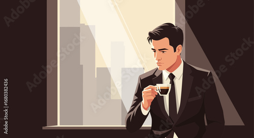 Thoughtful Businessman Contemplating Corporate Strategy While Enjoying Espresso Drink