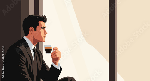 Thoughtful Executive Contemplating Future While Holding Espresso Cup Near Window