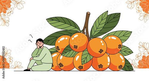 Thoughtful Observer Contemplating Loquat Bounty Amongst Floral Embellishments