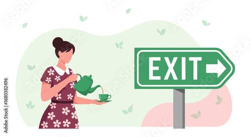Thoughtful Woman Stands Near Exit Sign While Pouring Tea Into A Cup In A Moment
