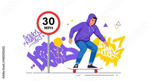 Street Skater Alongside A Speed Limit Sign With Graffiti Art Background Illustration