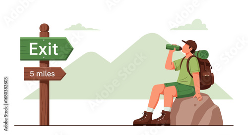 Tired Hiker Taking Rest and Hydrating Near Signpost to The Exit After Mountain Trekking