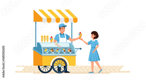 Street Vendor Selling Ice Cream To A Young Woman Near A Vibrant Yellow Cart