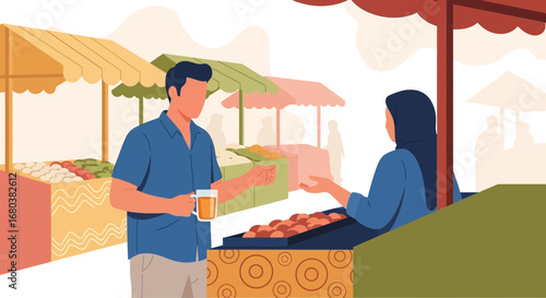 Street Vendor Transaction: A Man Buys Drinks and Food in Illustrative Scene at the Market