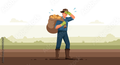 Stressed Farmer Carrying a Sack Potatoes on Rural Land Exhausted From Work, Harvest