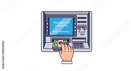 Automated Teller Machine Dispenses Cash to a Hand Vector Illustration on White Background