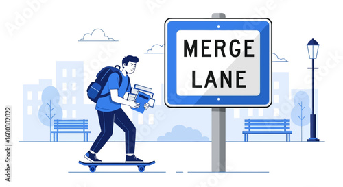 Student Navigates Merge Lane Sign, Balancing Books And Transportation On Skateboard Path