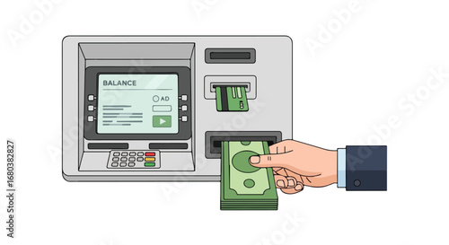 Illustrative depiction of a hand withdrawing money from an automated teller machine with card insertion
